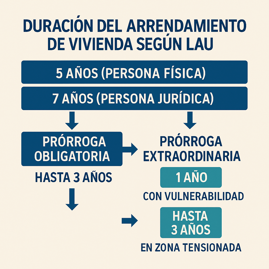 Imagen sobre la duración del contrato de arrendamiento de vivienda según la LAU, con prórrogas obligatorias y extraordinarias para inquilinos y propietarios en España.